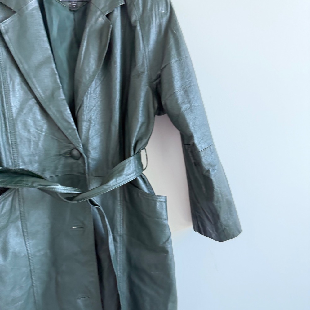 Vintage Maurices Forrest Green Genuine Leather Longline Trench Coat Size Small - Picture 8 of 14